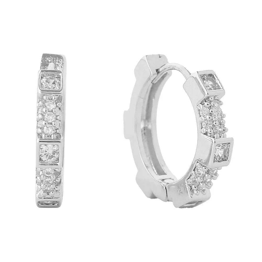 Silver White Gold Dipped Wheel CZ Stone Paved Huggie Hoop Earrings - Jewelry Store by Erik Rayo