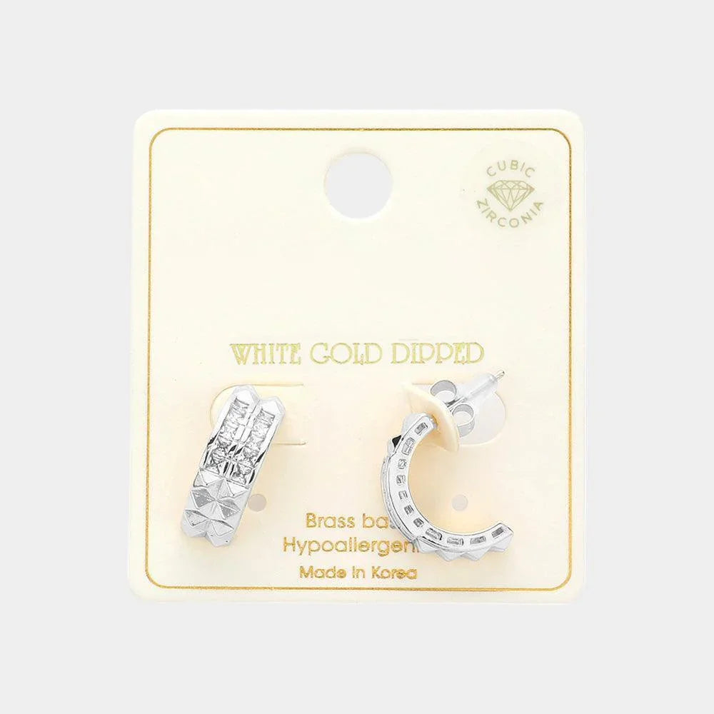Silver White Gold Dipped CZ Stone Paved Hoop Earrings - Jewelry Store by Erik Rayo