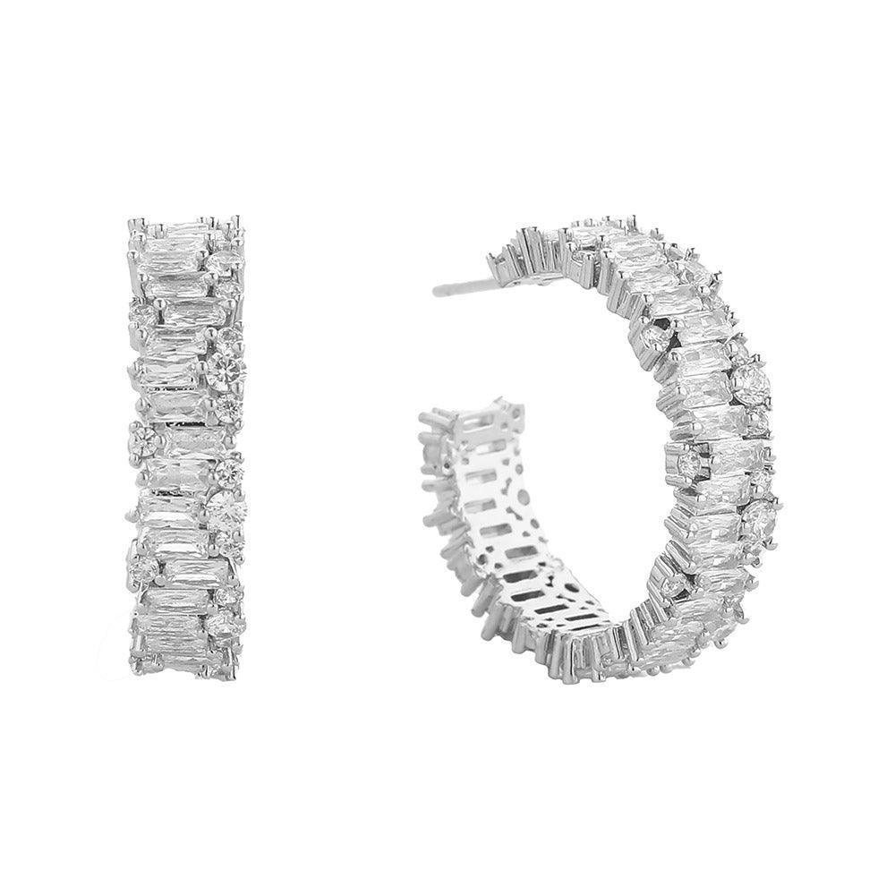 Silver White Gold Dipped CZ Stone Paved Twenty Hoop Earrings - Jewelry Store by Erik Rayo
