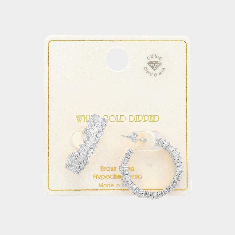 Silver White Gold Dipped CZ Stone Paved Twenty Hoop Earrings - Jewelry Store by Erik Rayo