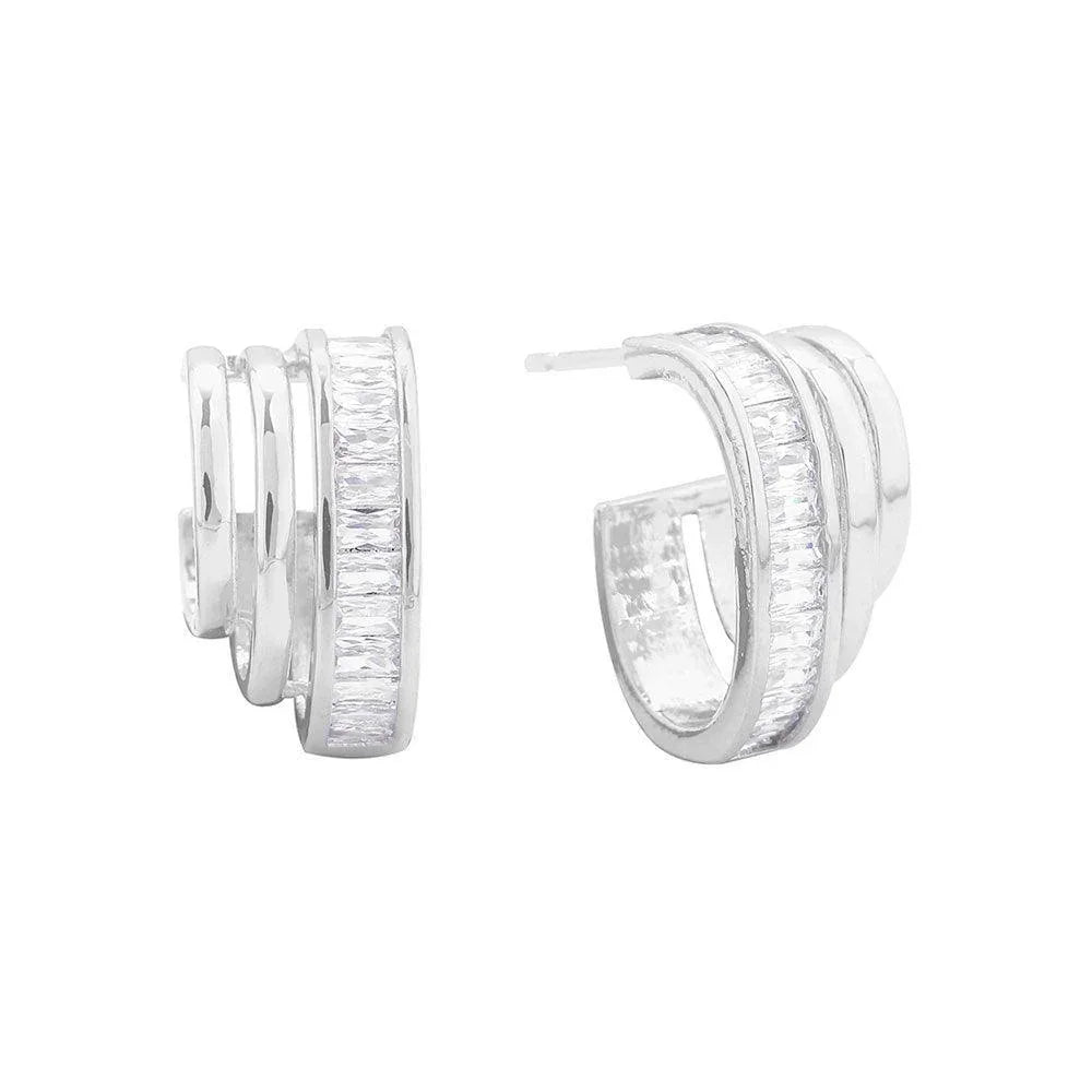 Silver White Gold Dipped CZ Stone Embellished Trio Mini Hoop Earrings - Jewelry Store by Erik Rayo