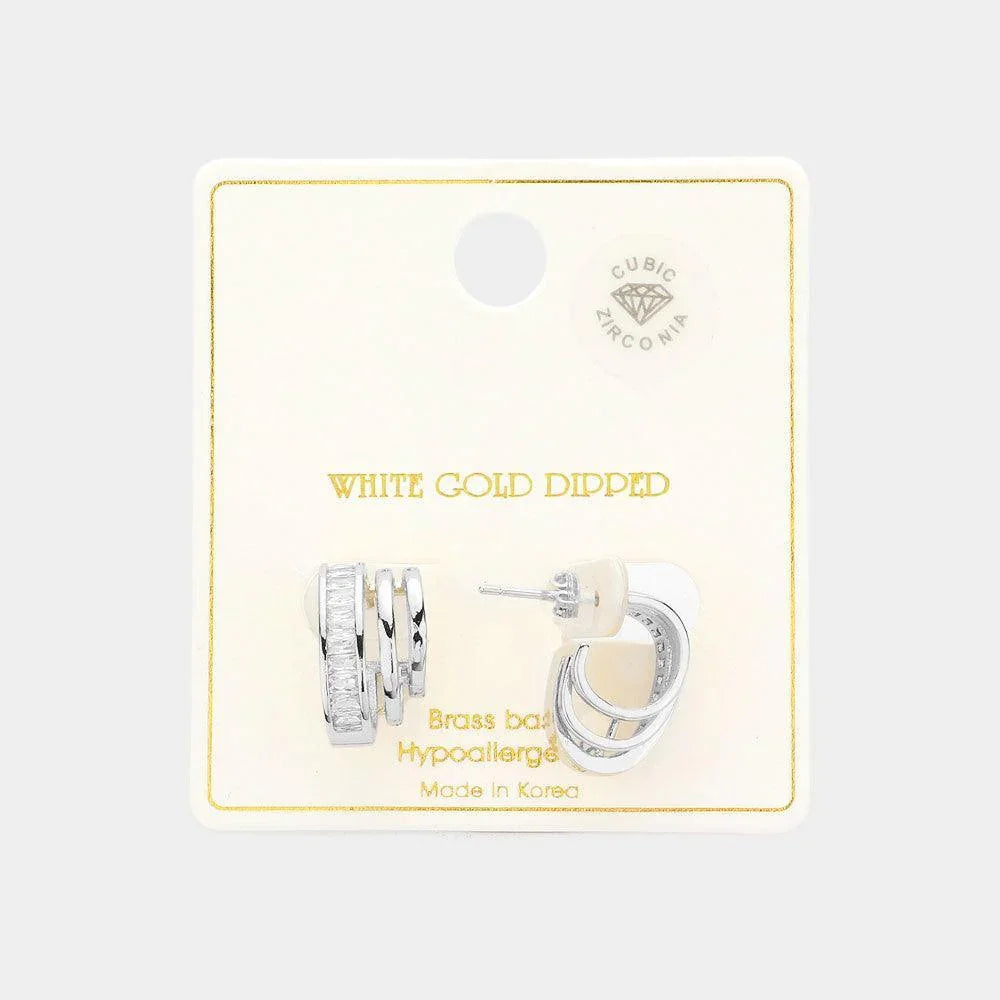 Silver White Gold Dipped CZ Stone Embellished Trio Mini Hoop Earrings - Jewelry Store by Erik Rayo