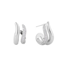 Load image into Gallery viewer, Silver White Gold Dipped CZ Stone Paved Twin Curved Mini Hoop Earrings
