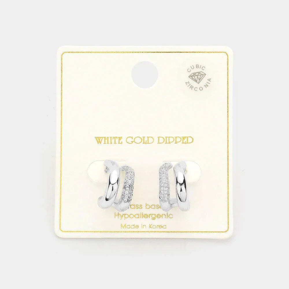 Silver White Gold Dipped CZ Stone Paved Twin Curved Mini Hoop Earrings - Jewelry Store by Erik Rayo