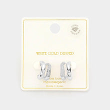 Load image into Gallery viewer, Silver White Gold Dipped CZ Stone Paved Twin Curved Mini Hoop Earrings
