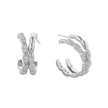 Load image into Gallery viewer, Silver White Gold Dipped CZ Stone Paved Serpenti Hoop Earrings
