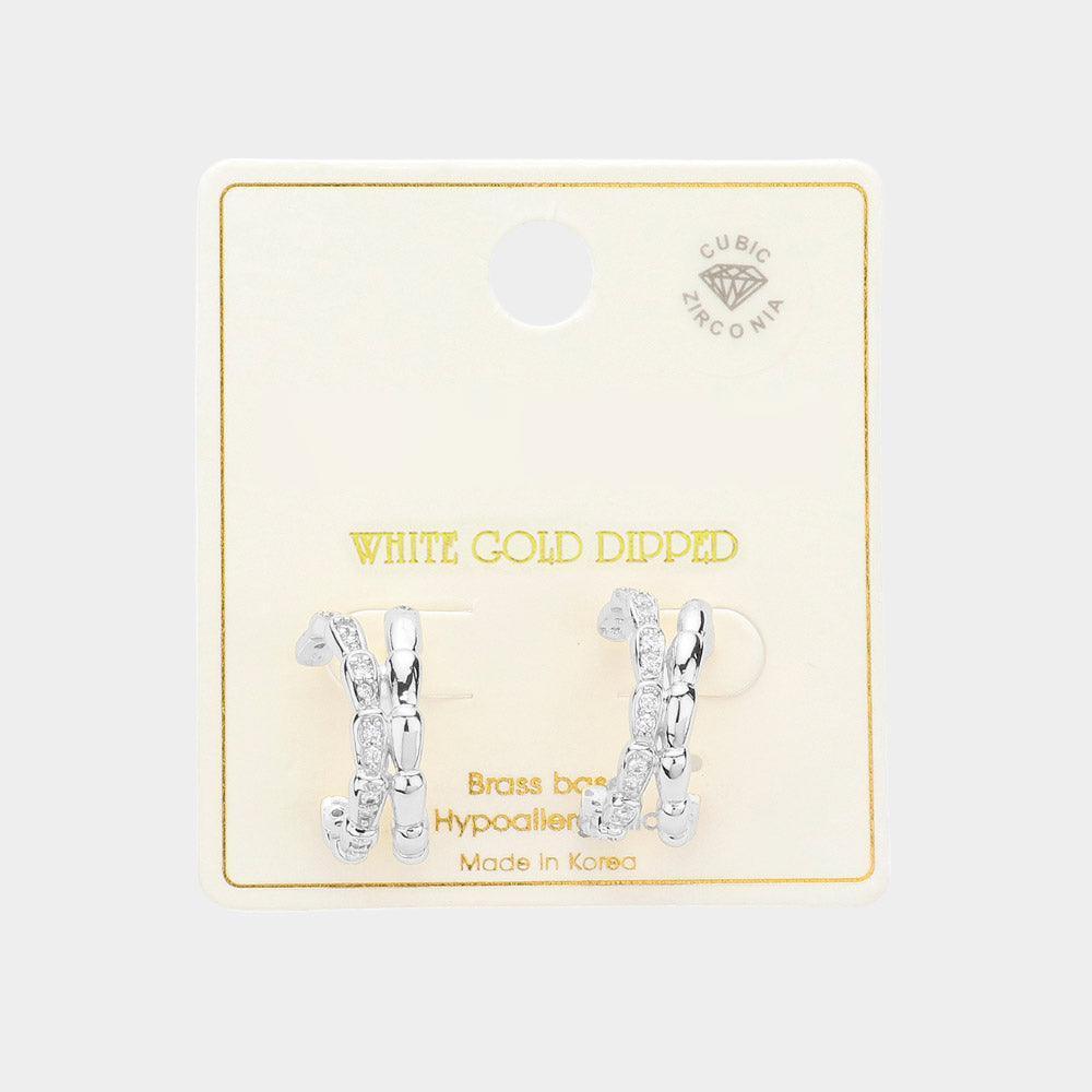 Silver White Gold Dipped CZ Stone Paved Serpenti Hoop Earrings - Jewelry Store by Erik Rayo