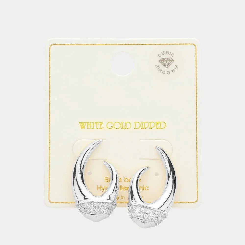 Silver White Gold Dipped CZ Stone Paved Biased Hoop Earrings - Jewelry Store by Erik Rayo