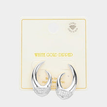 Load image into Gallery viewer, Silver White Gold Dipped CZ Stone Paved Biased Hoop Earrings
