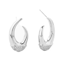 Load image into Gallery viewer, Silver White Gold Dipped CZ Stone Paved Biased Hoop Earrings
