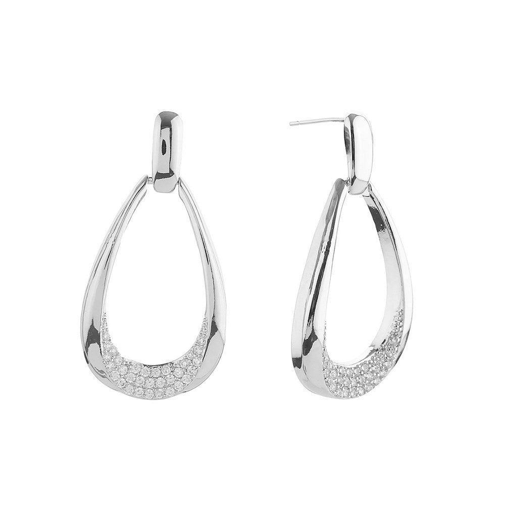 Silver White Gold Dipped CZ Stone Paved Dangle Hoop Earrings - Jewelry Store by Erik Rayo