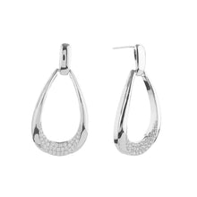 Load image into Gallery viewer, Silver White Gold Dipped CZ Stone Paved Dangle Hoop Earrings
