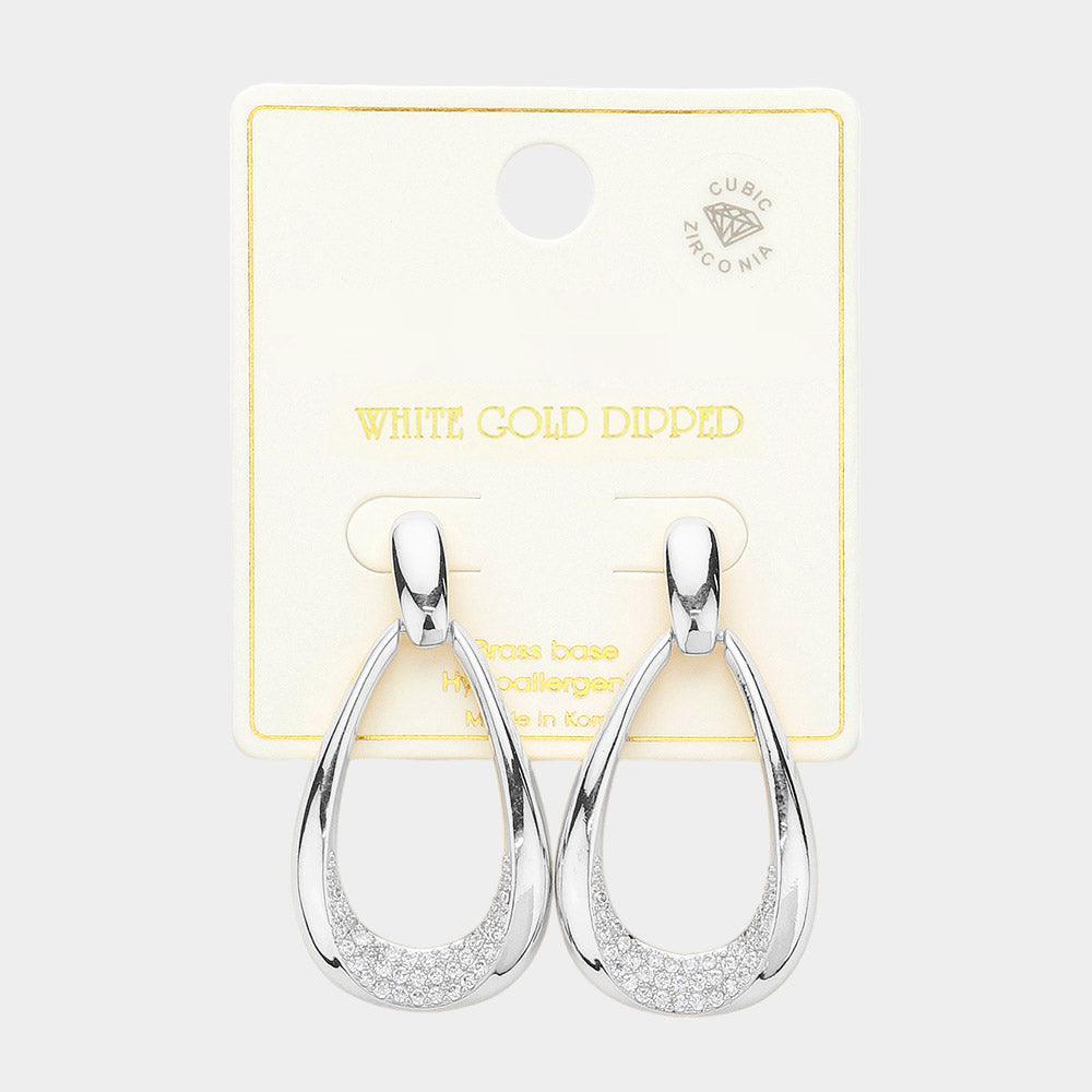 Silver White Gold Dipped CZ Stone Paved Dangle Hoop Earrings - Jewelry Store by Erik Rayo