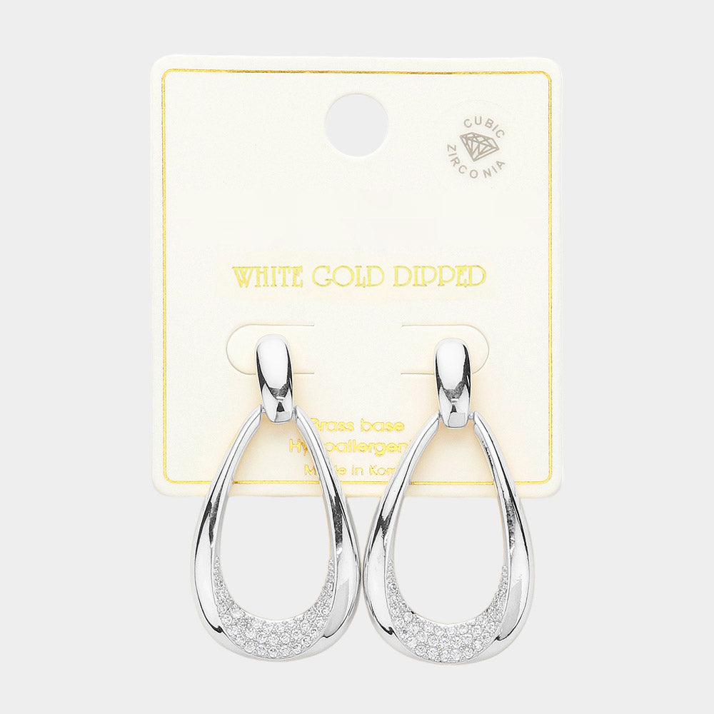 Silver White Gold Dipped CZ Stone Paved Dangle Hoop Earrings