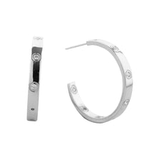 Load image into Gallery viewer, Silver White Gold Dipped CZ Stone Pointed Love Luv Hoop Earrings
