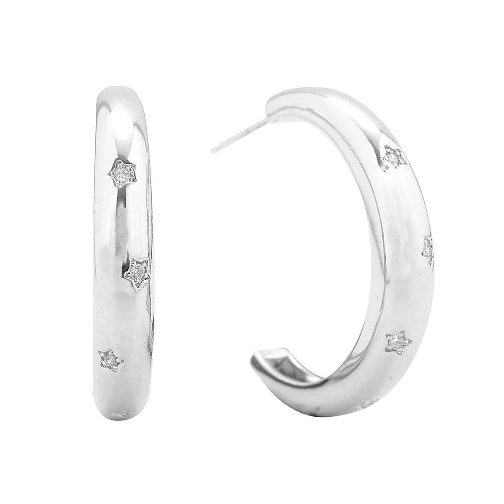 Silver White Gold Dipped Star CZ Stone Paved Hoop Earrings - Jewelry Store by Erik Rayo