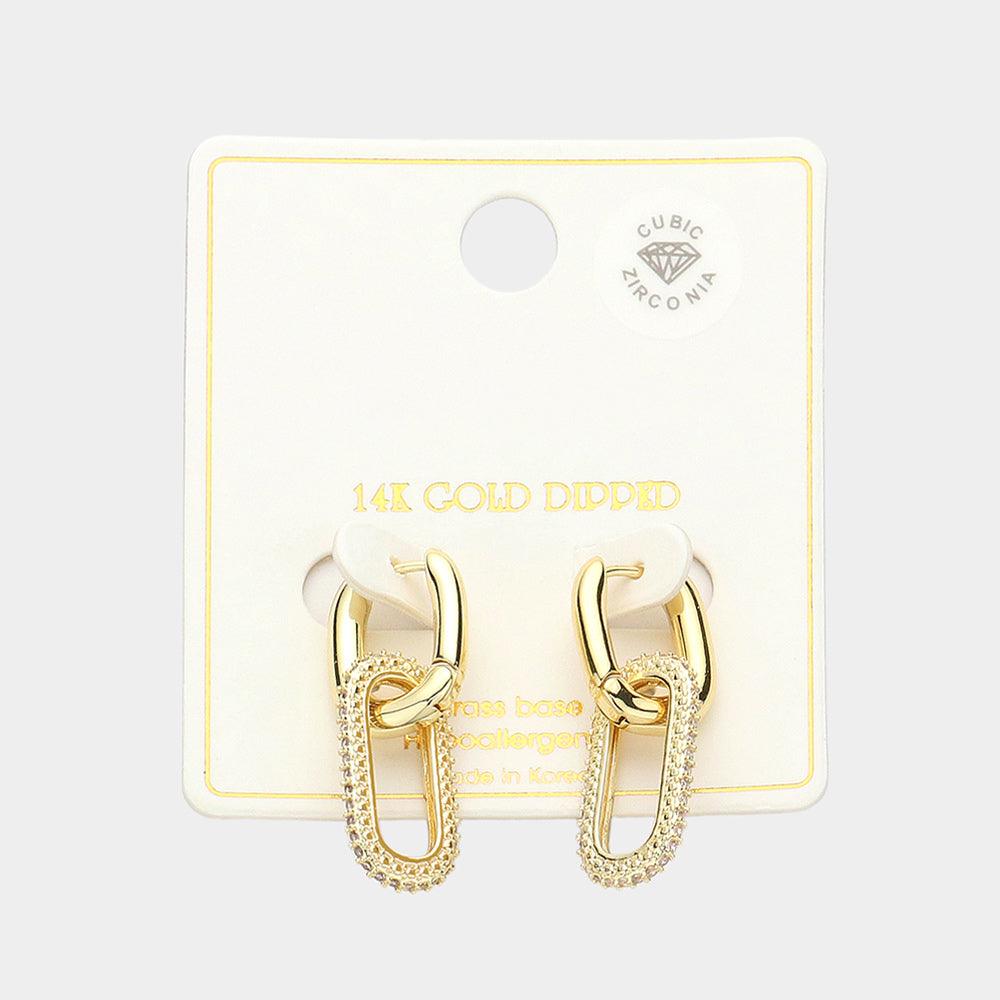 Gold 14K Gold Dipped CZ Stone Paved Chain Link Huggie Earrings