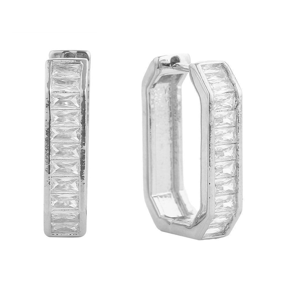 Silver White Gold Dipped Emerald CZ Stone Paved Huggie Hoop Earrings - Jewelry Store by Erik Rayo
