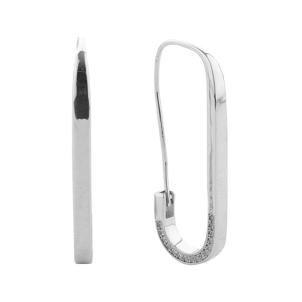 Silver White Gold Dipped CZ Stone Paved Safety Pin Hoop Earrings - Jewelry Store by Erik Rayo