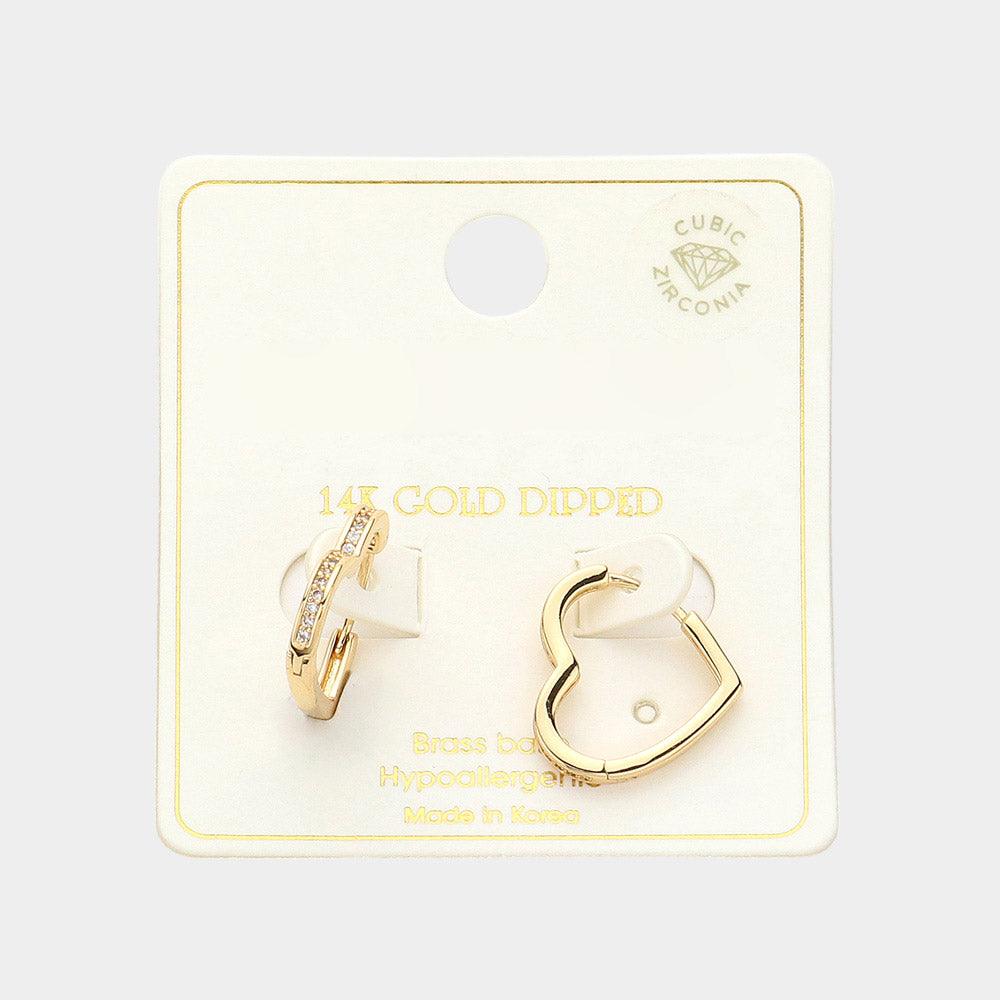 Gold 14K Gold Dipped CZ Stone Paved Sleek Heart Huggie Hoop Earrings