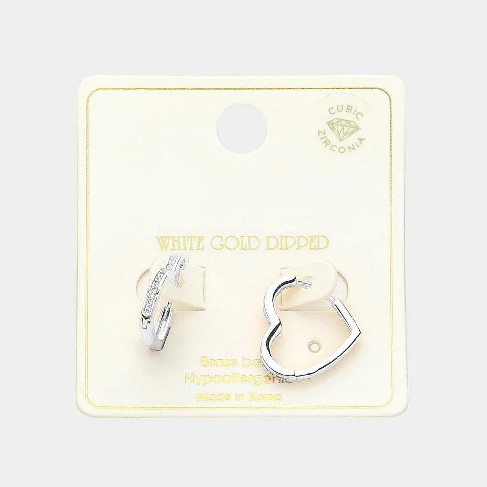 Silver White Gold Dipped CZ Stone Paved Sleek Heart Huggie Hoop Earrings - Jewelry Store by Erik Rayo
