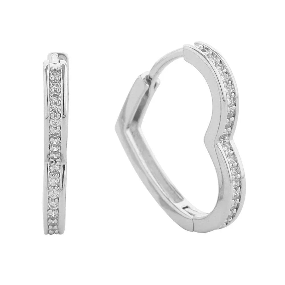 Silver White Gold Dipped CZ Stone Paved Sleek Heart Huggie Hoop Earrings - Jewelry Store by Erik Rayo