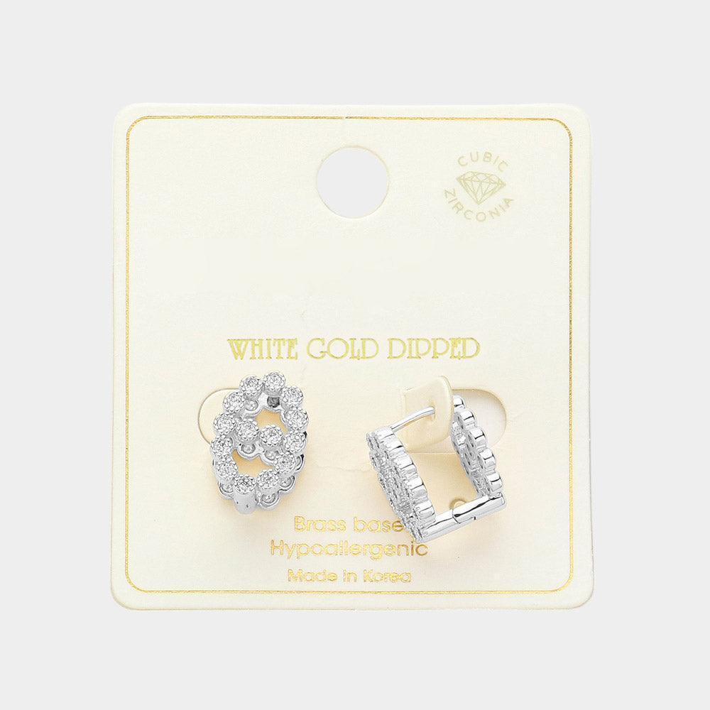 Silver White Gold Dipped CZ Stone Paved Bling Farandole Huggie Earrings - Jewelry Store by Erik Rayo