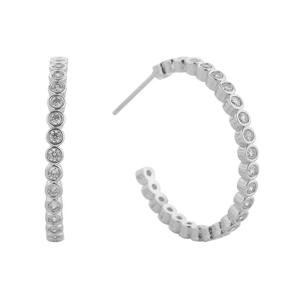 Silver White Gold Dipped CZ Stone Link Round Hoop Earrings - Jewelry Store by Erik Rayo