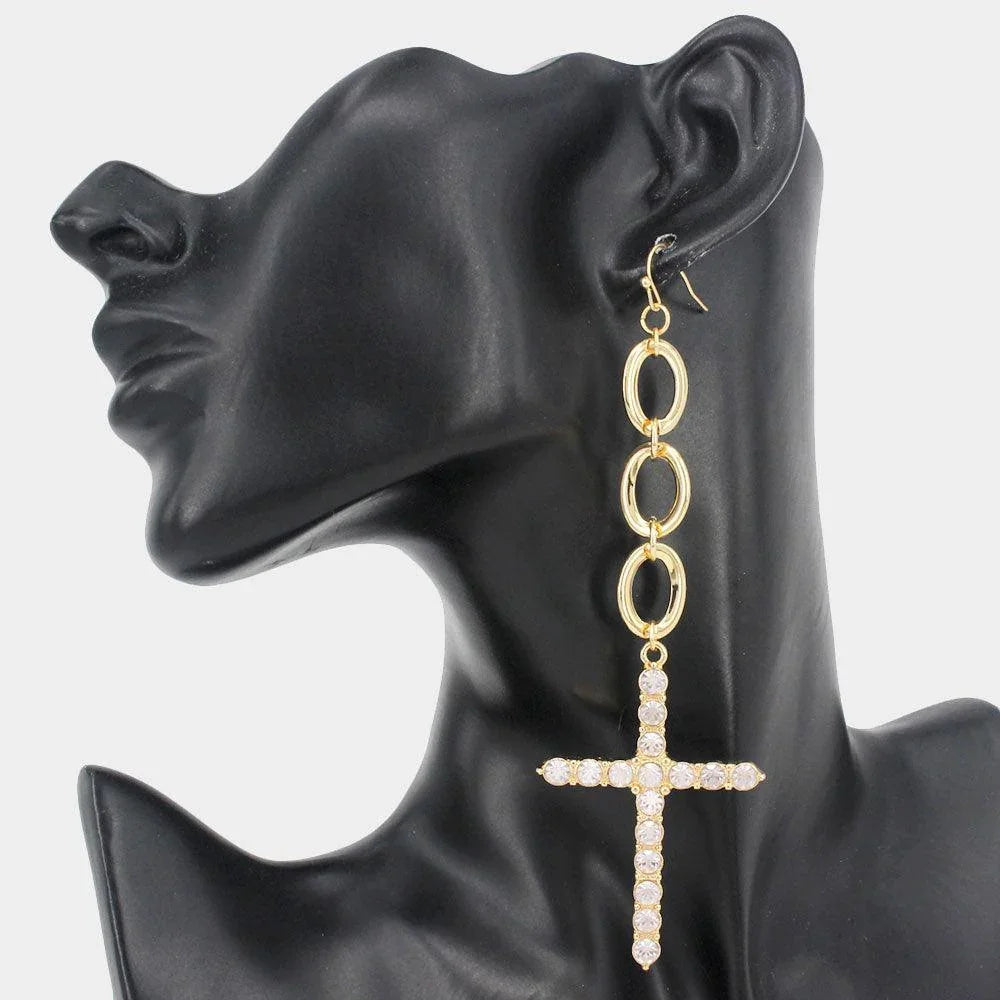 Gold Triple Open Oval Stone Embellished Cross Link Dangle Earrings - Jewelry Store by Erik Rayo