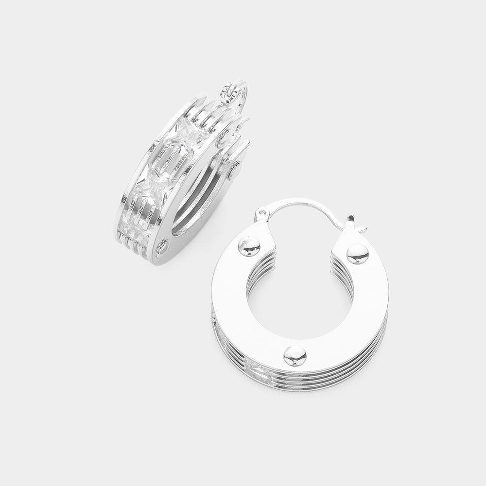 Silver Square Stone Embellished Brass Metal Hoop Pin Catch Earrings - Jewelry Store by Erik Rayo