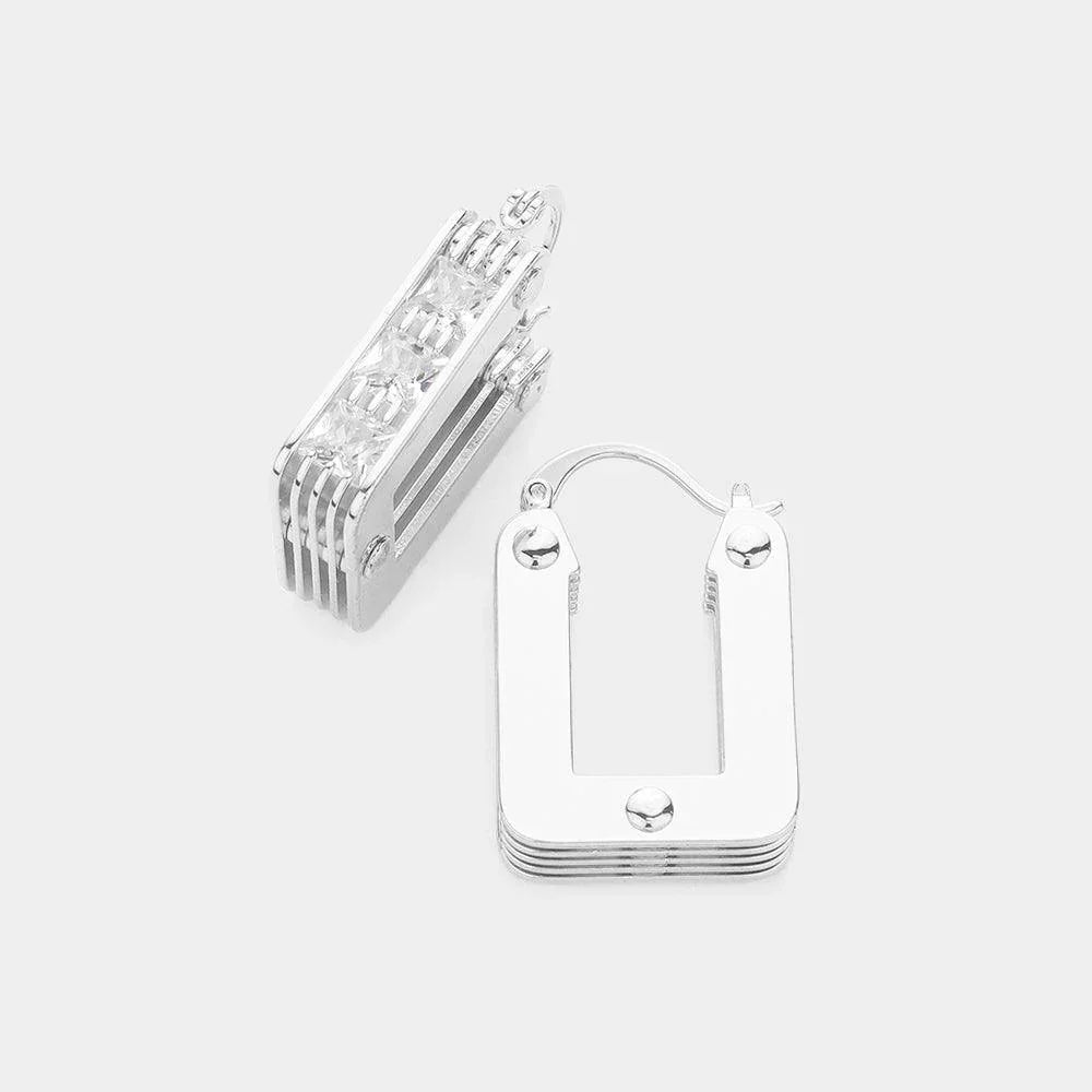 Silver Square Stone Embellished Brass Metal Rectangle Hoop Pin Catch Earrings - Jewelry Store by Erik Rayo