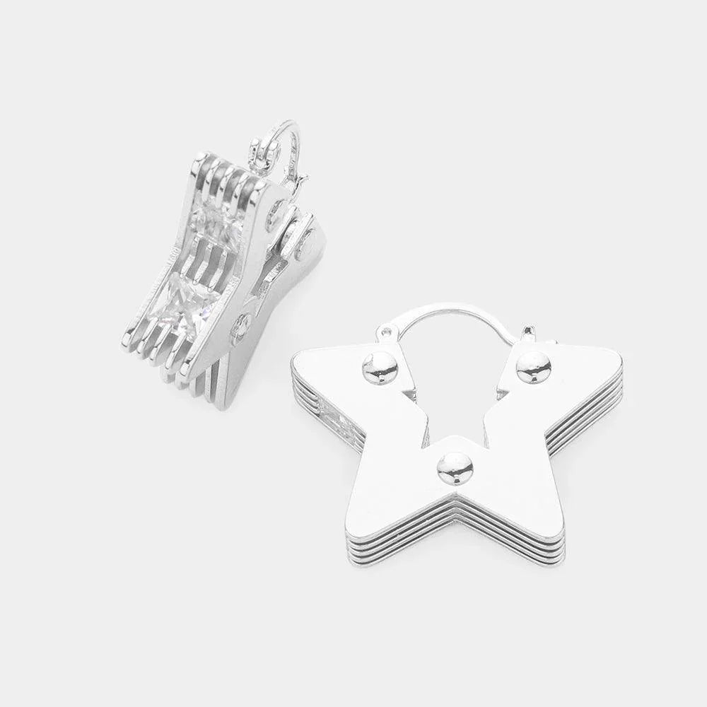 Silver Square Stone Embellished Brass Metal Star Hoop Pin Catch Earrings - Jewelry Store by Erik Rayo
