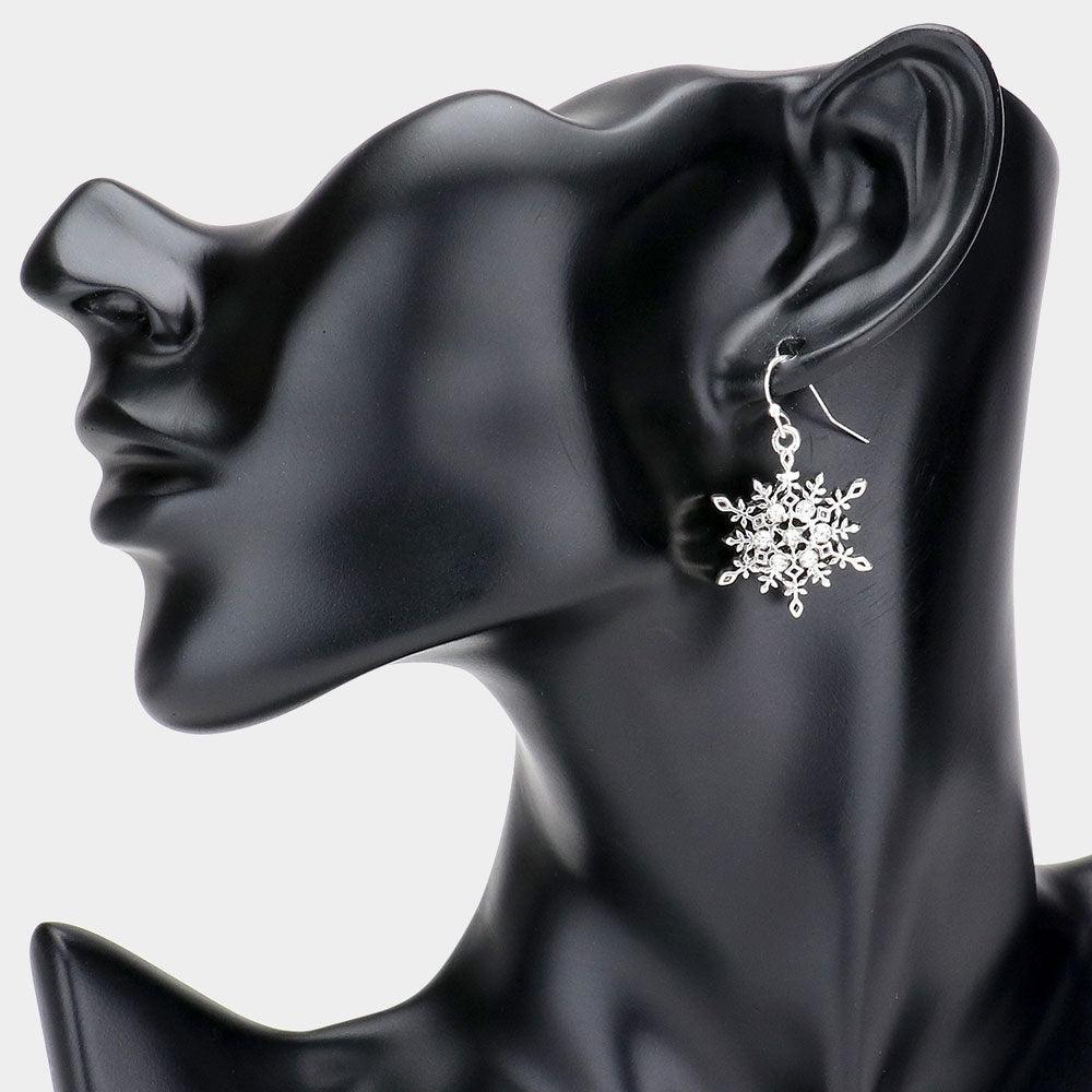Silver Rhinestone Embellished Metal Snowflake Dangle Earrings - Jewelry Store by Erik Rayo