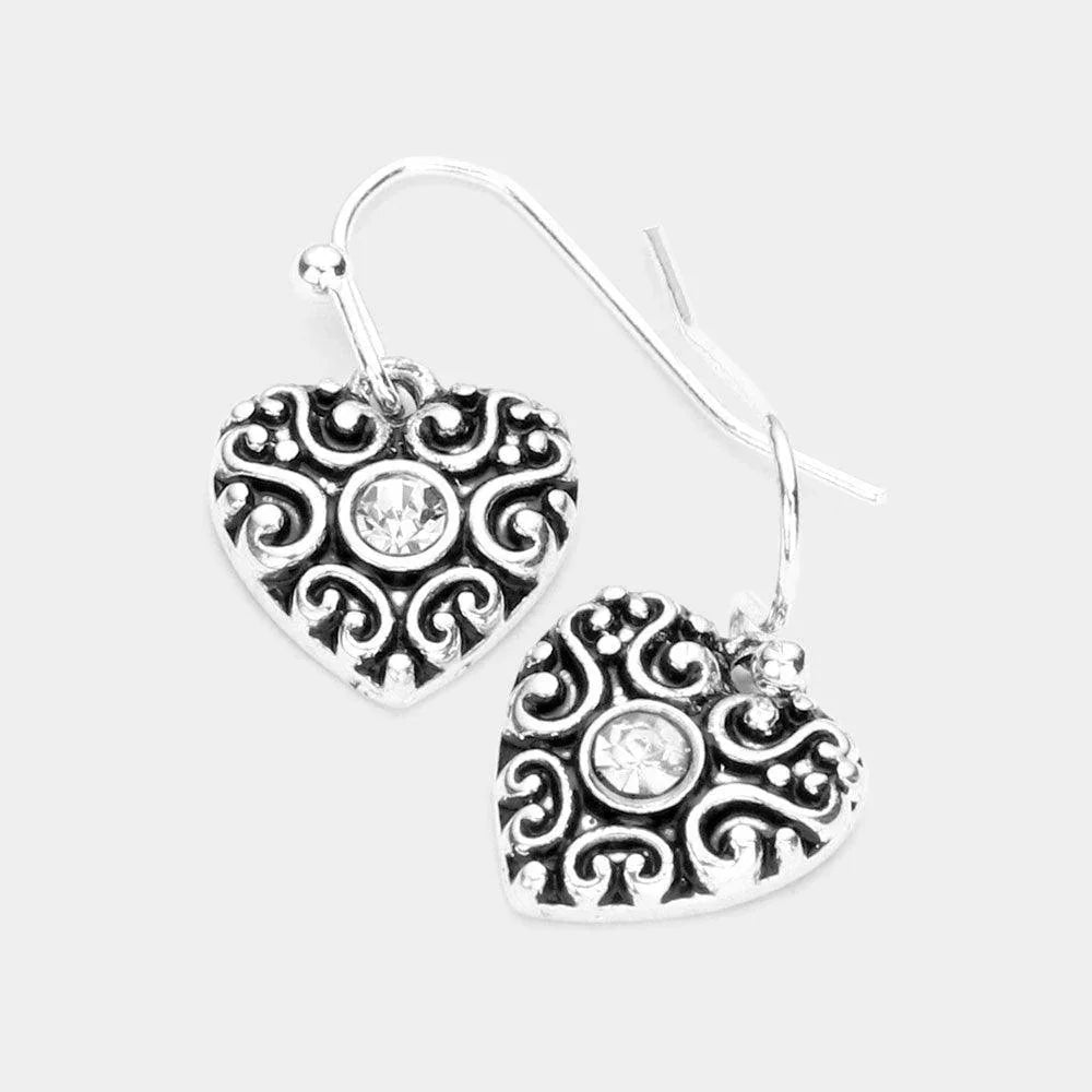 Silver Stone Centered Antique Heart Dangle Earrings - Jewelry Store by Erik Rayo