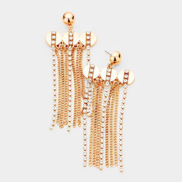 Rose Gold Long Drop Crystal Metal Chain Fringe Earrings - Jewelry Store by Erik Rayo