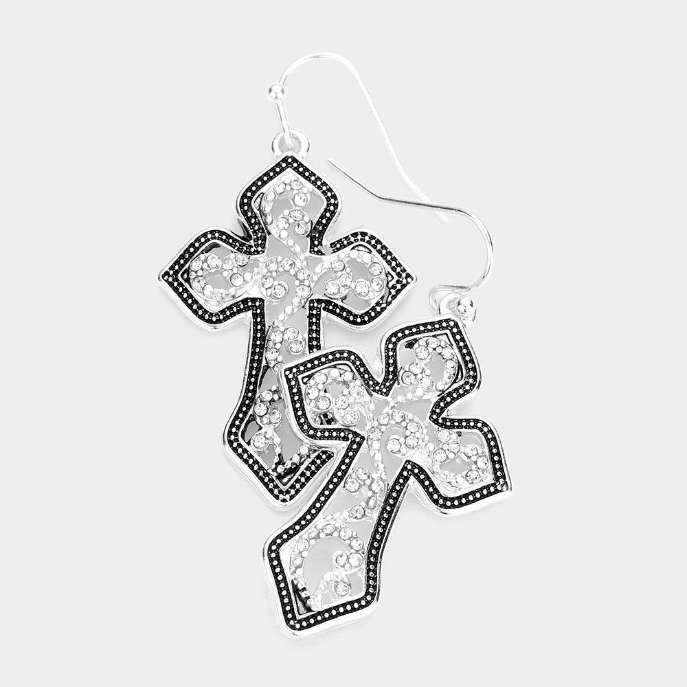 Silver Rhinestone Embellished Metal Cross Dangle Earrings