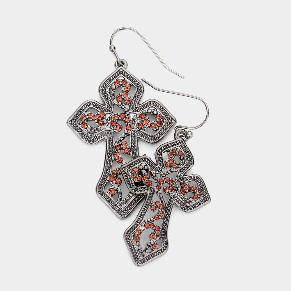 Hematite Rhinestone Embellished Metal Cross Dangle Earrings - Jewelry Store by Erik Rayo