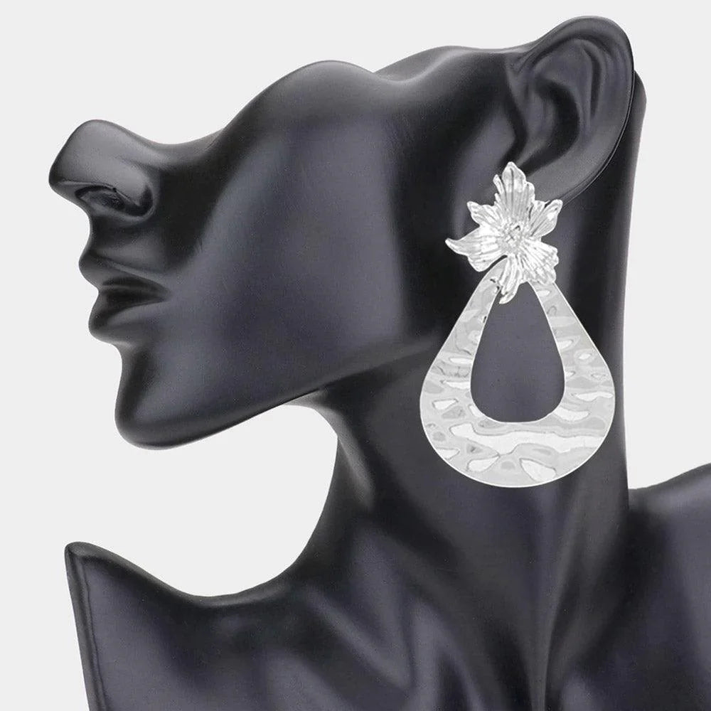 Flower Pointed Textured Open Teardrop Metal Dangle Earrings - Jewelry Store by Erik Rayo