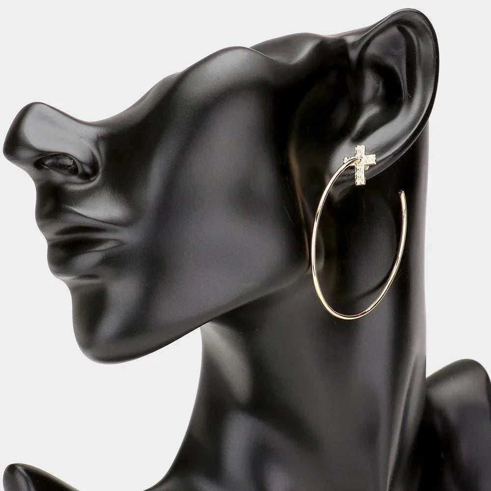 Gold Rhinestone Embellished Cross Brass Metal Hoop Earrings - Jewelry Store by Erik Rayo