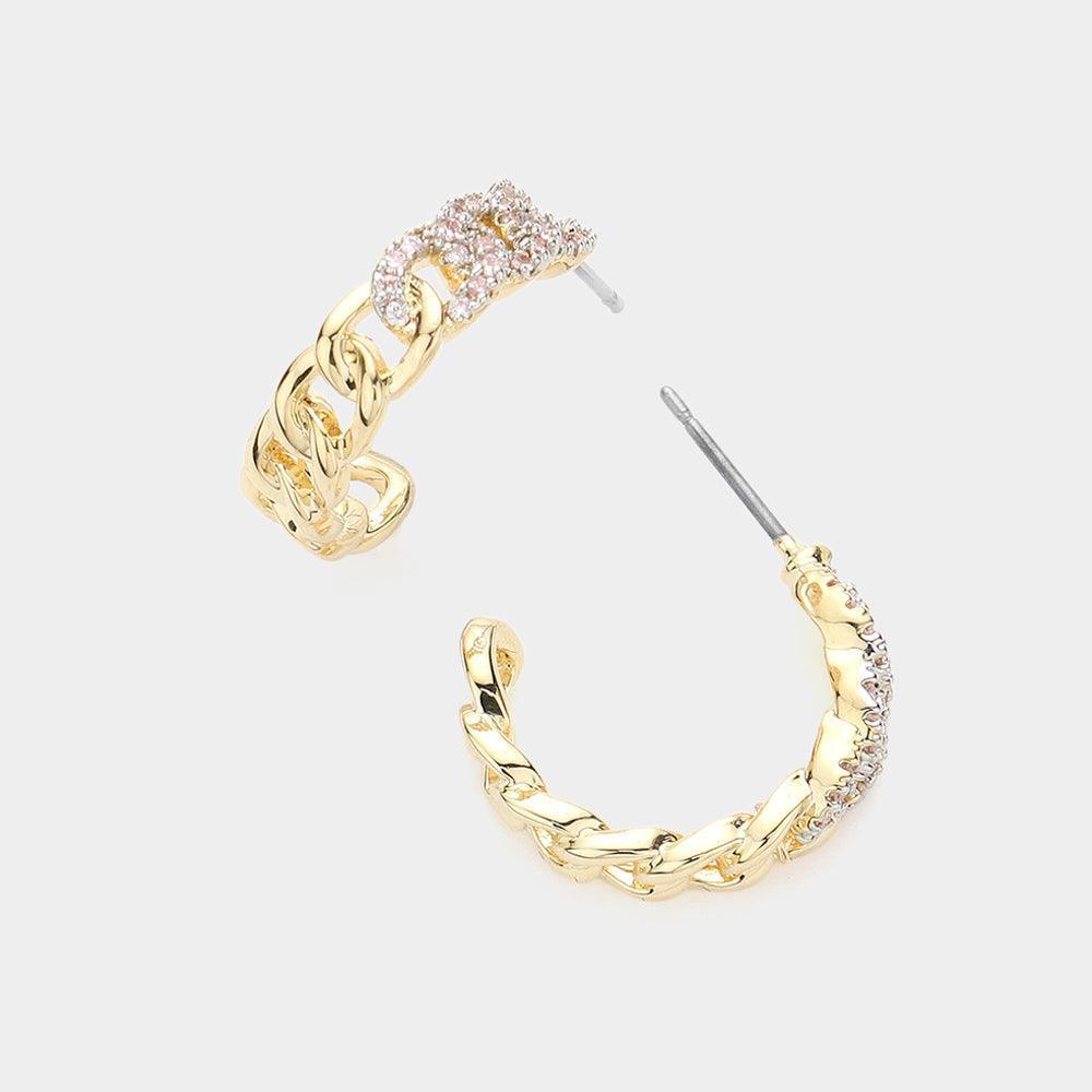 Gold CZ Stone Paved Metal Chain Hoop Earrings - Jewelry Store by Erik Rayo