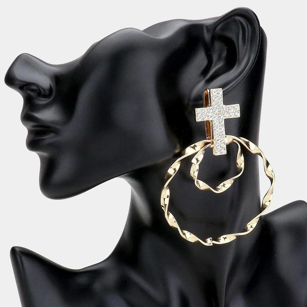 Gold Stone Embellished Cross Accented Twisted Open Metal Circle Layered Earrings - Jewelry Store by Erik Rayo