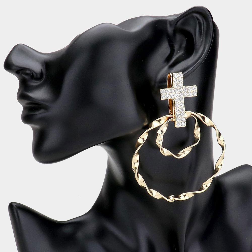 Gold Stone Embellished Cross Accented Twisted Open Metal Circle Layered Earrings