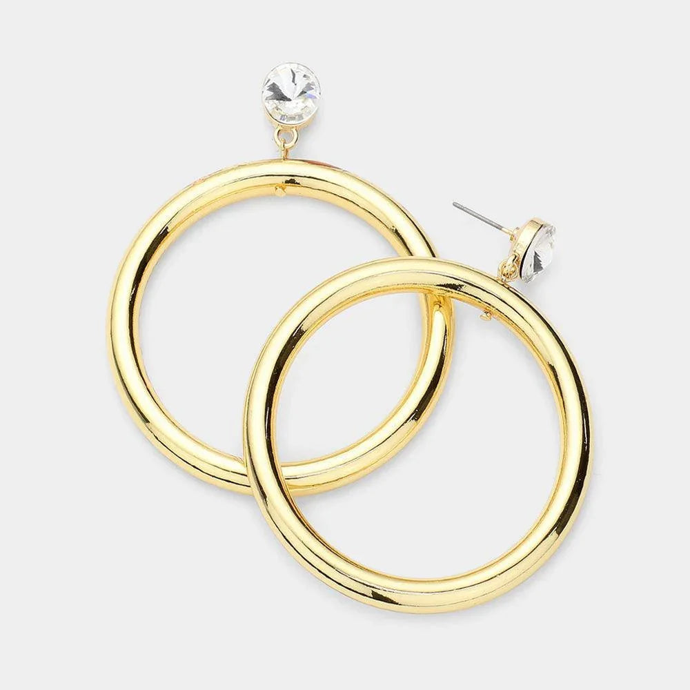 Gold Round Stone Accented Open Metal Circle Link Dangle Earrings - Jewelry Store by Erik Rayo