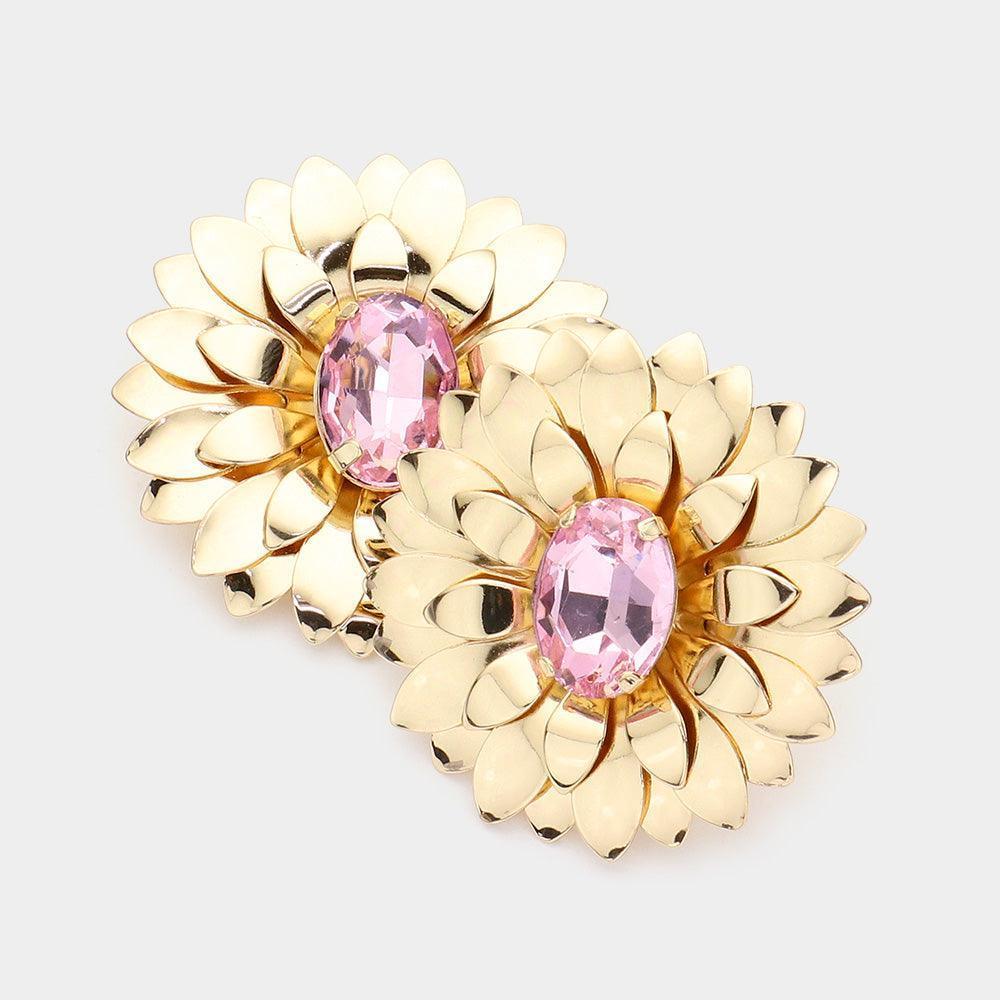Pink Oval Stone Centered Metal Flower Earrings - Jewelry Store by Erik Rayo