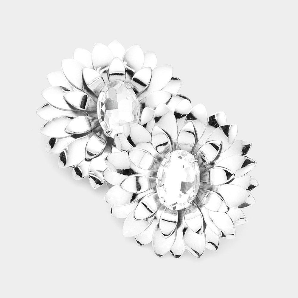 Oval Stone Centered Metal Flower Earrings - Jewelry Store by Erik Rayo