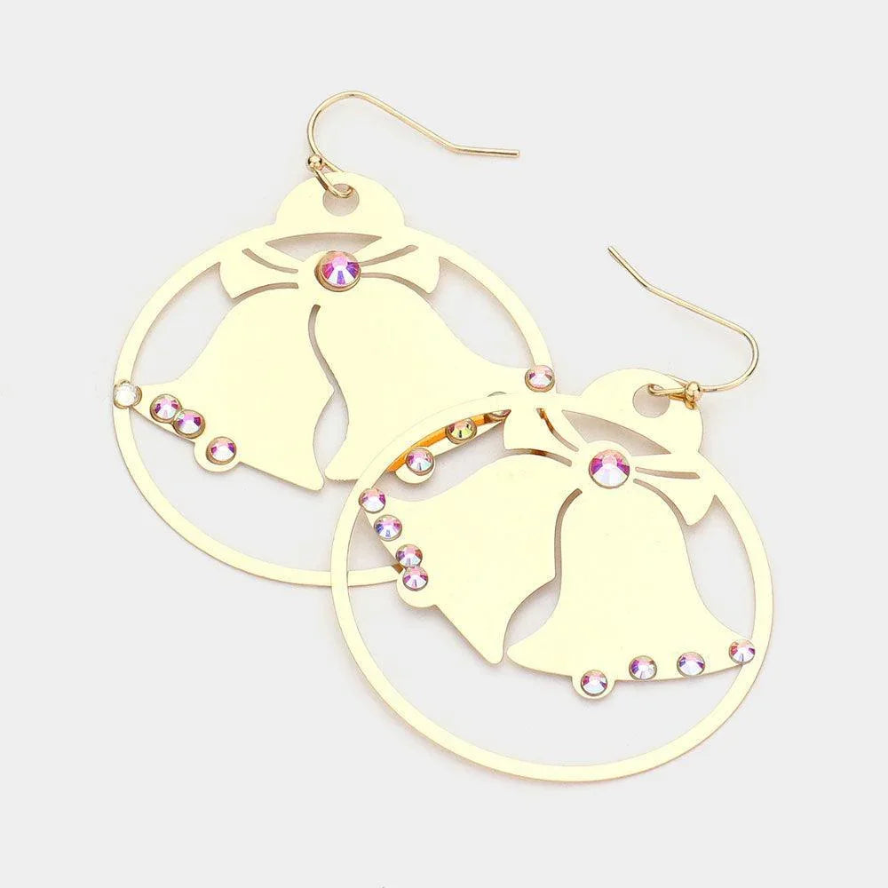 Gold Stone Embellished Metal Christmas Jingle Bell Dangle Earrings - Jewelry Store by Erik Rayo