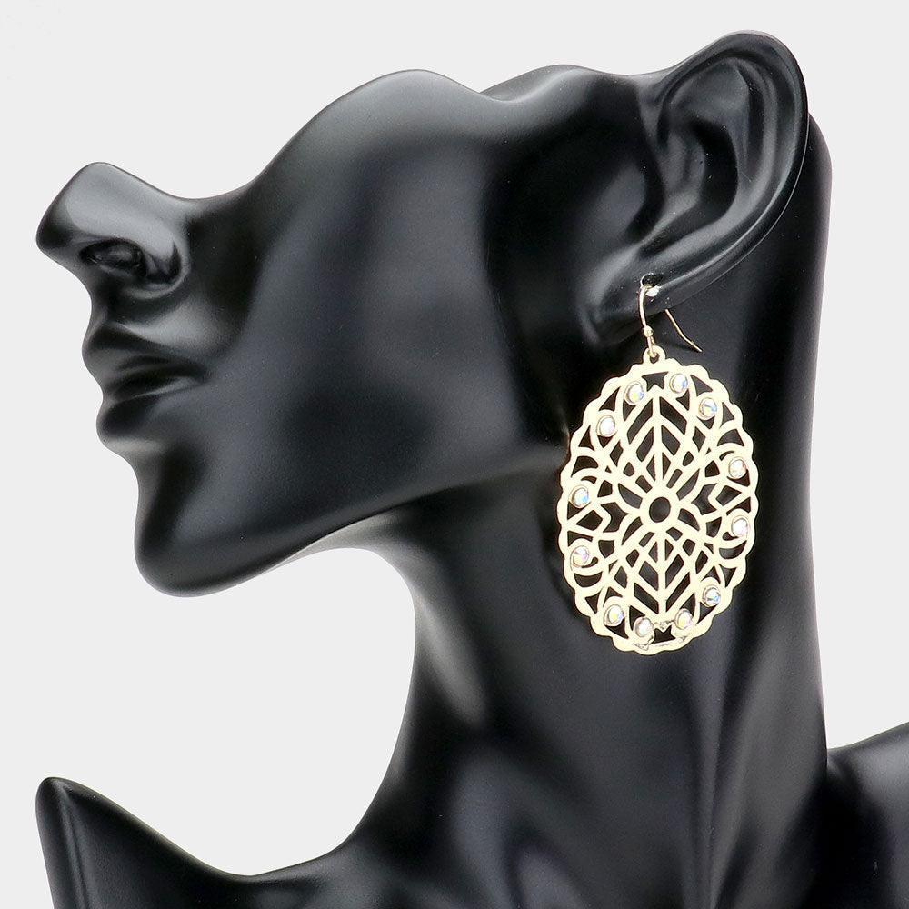 Gold Stone Embellished Brass Metal Patterned Oval Dangle Earrings - Jewelry Store by Erik Rayo