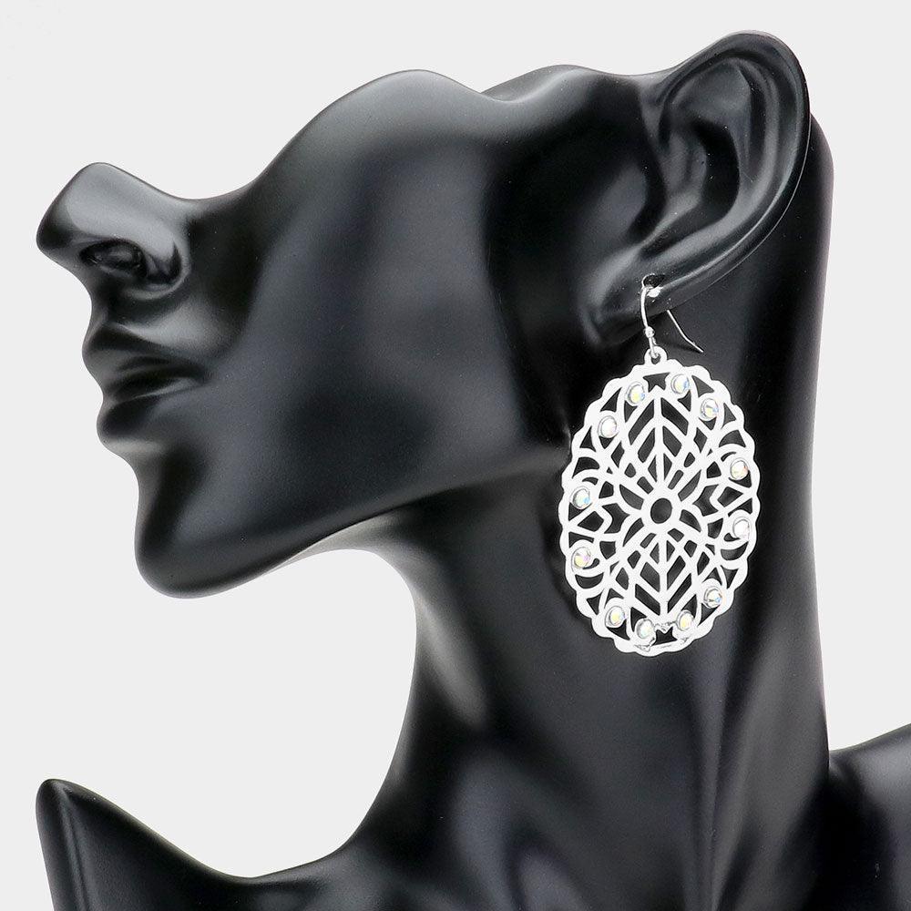 Silver Stone Embellished Brass Metal Patterned Oval Dangle Earrings - Jewelry Store by Erik Rayo