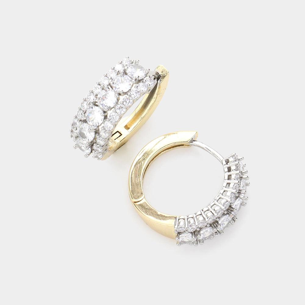 Gold 14K Gold Plated Round CZ Stone Accented Huggie Hoop Earrings