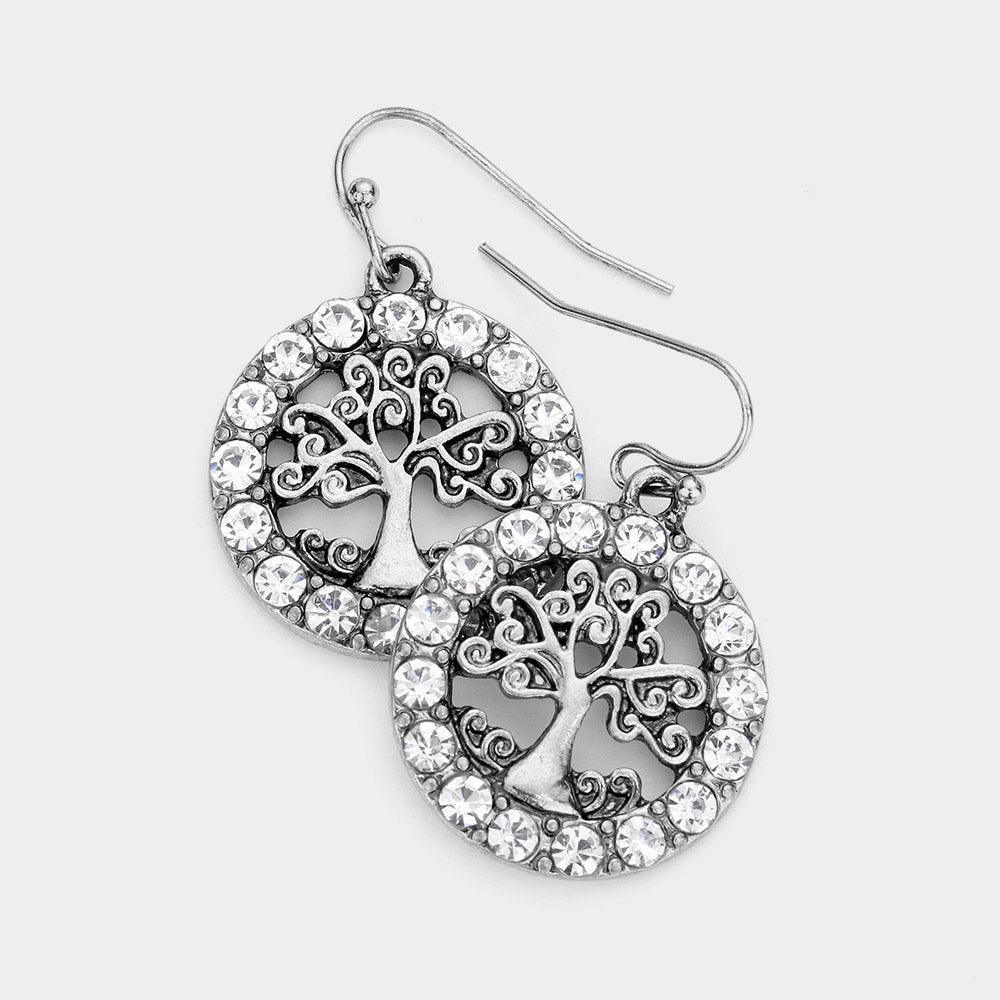 Silver Stone Embellished Metal Tree of Life Dangle Earring - Jewelry Store by Erik Rayo